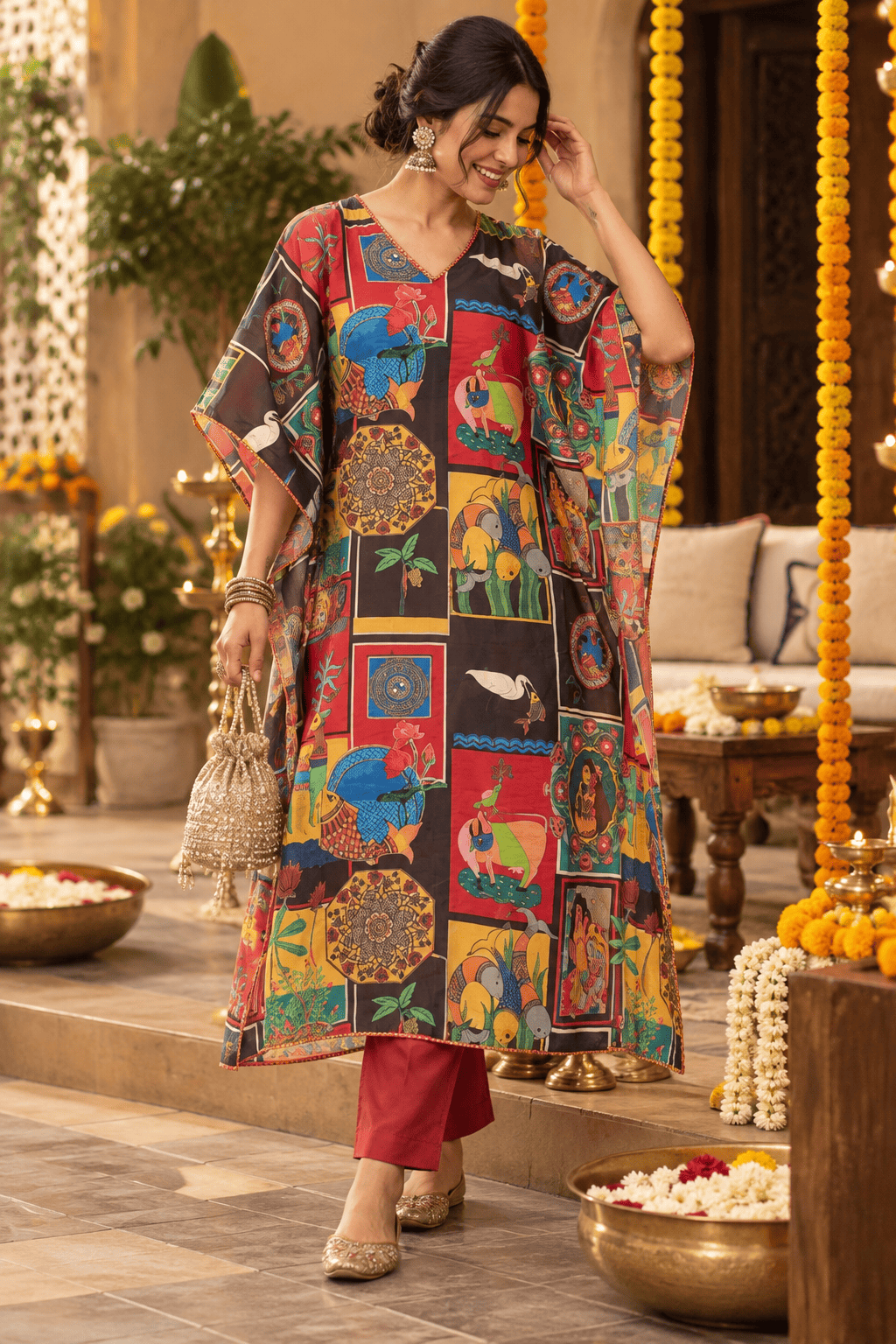 Madhubani Kaftan - Red Folk