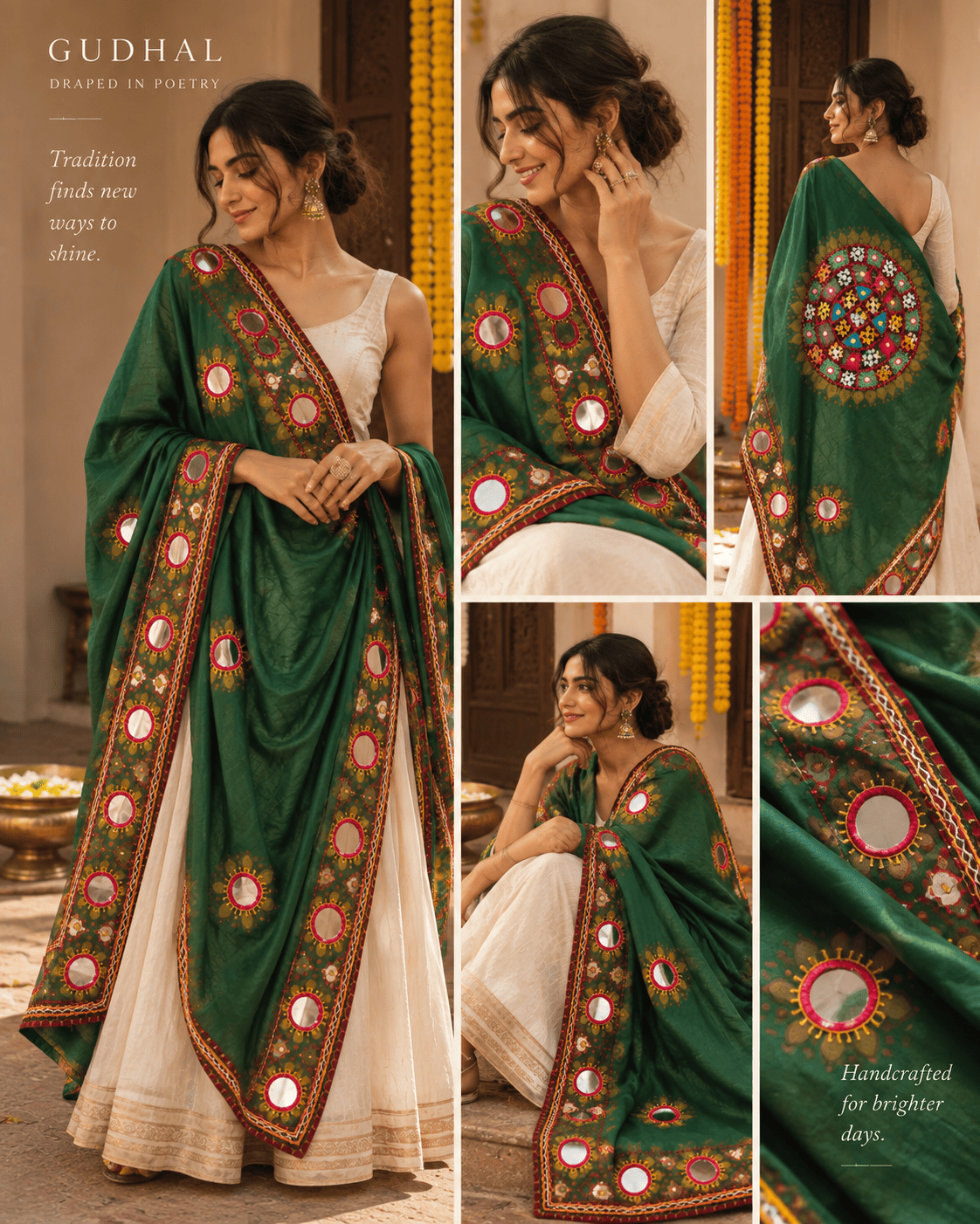 Mirror Work Dupatta - Green