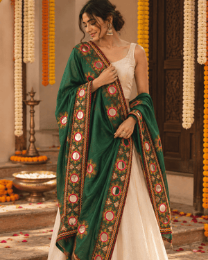 Mirror Work Dupatta - Green