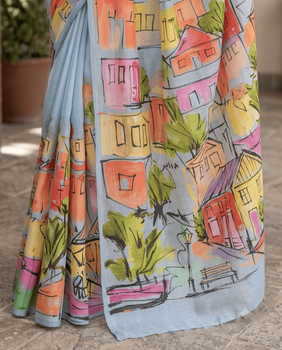 Cityscape Saree - Blue/Grey
