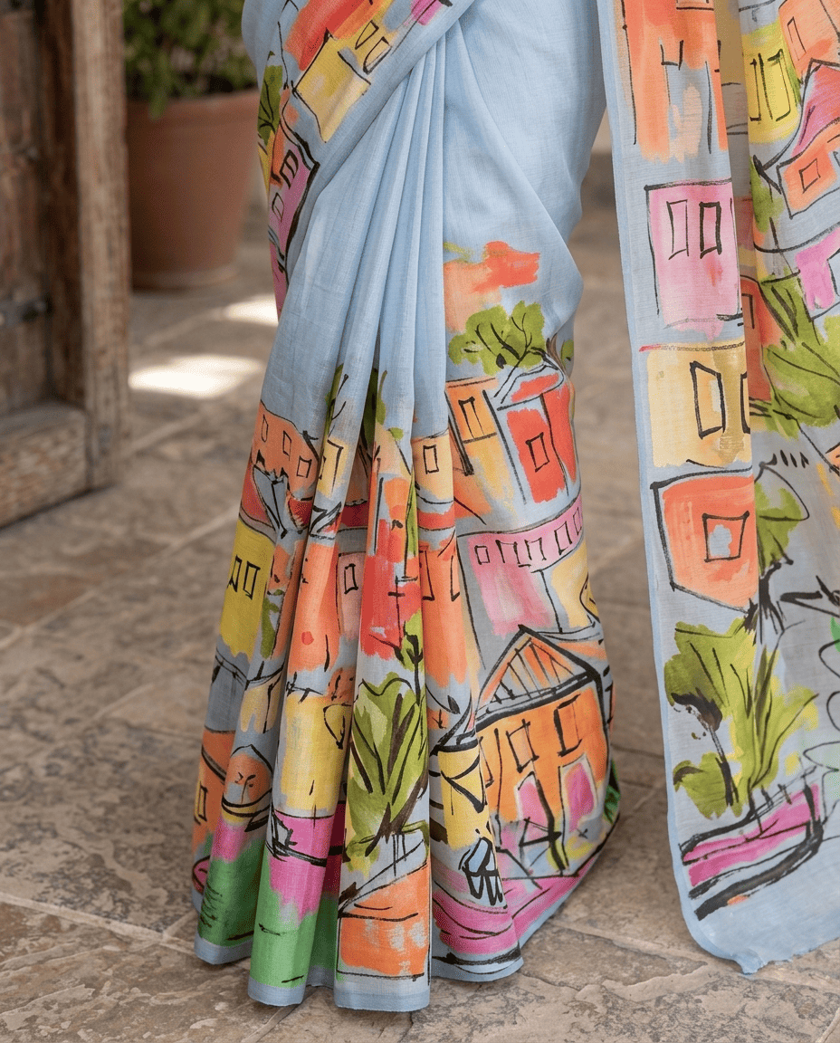 Cityscape Saree - Blue/Grey
