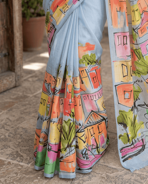 Cityscape Saree - Blue/Grey