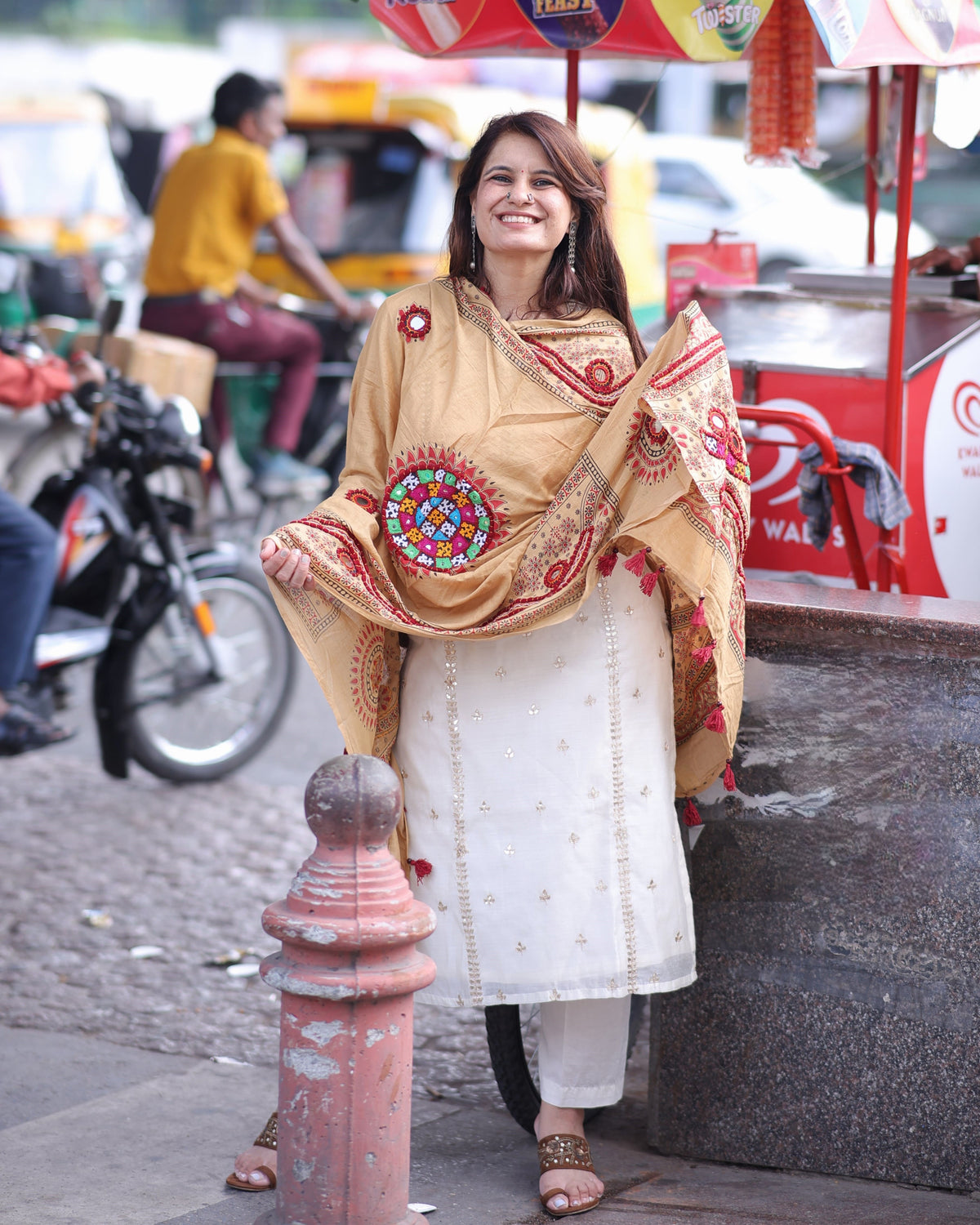 Mirror Work Dupatta - Beige