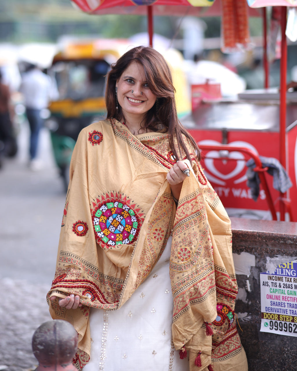 Mirror Work Dupatta - Beige