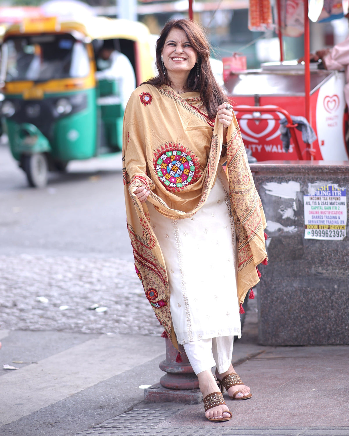 Mirror Work Dupatta - Beige